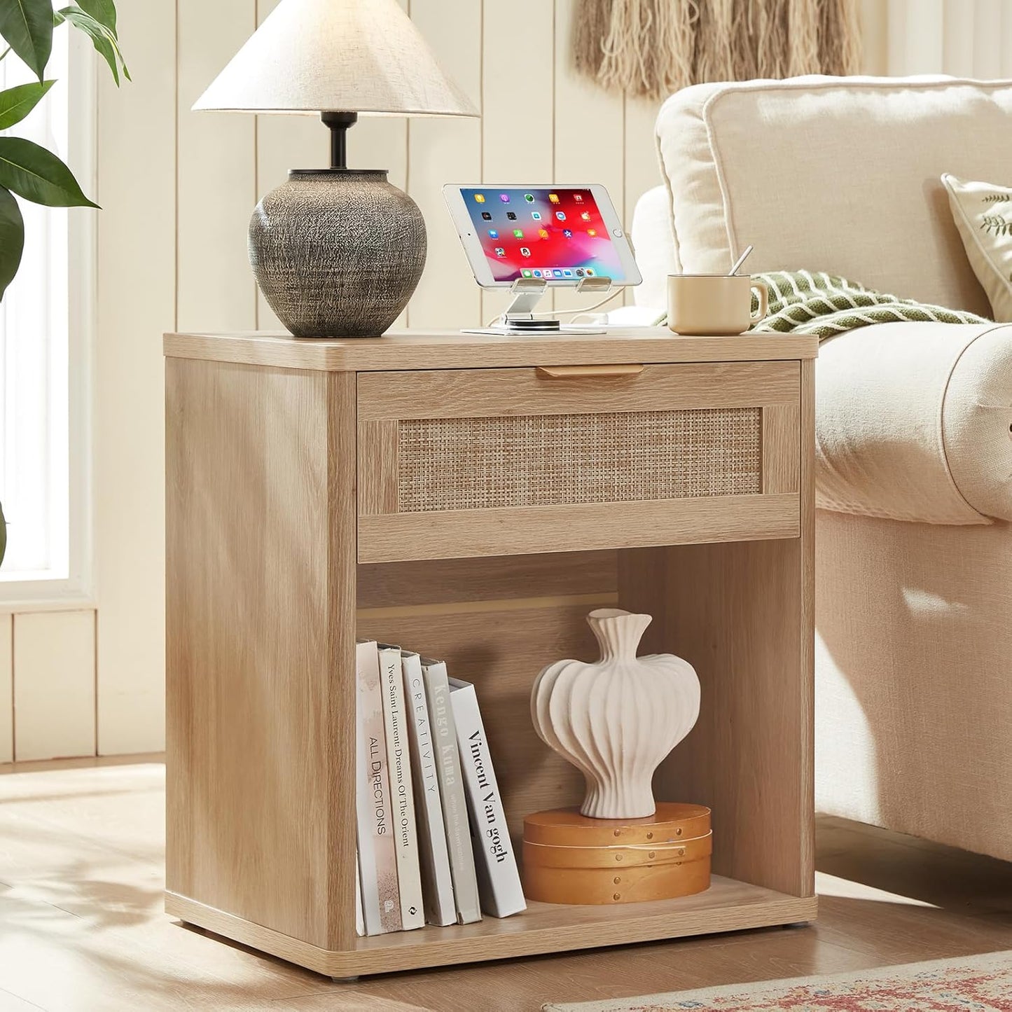 LEYAOYAO Rattan Nightstand with Charging Station, 23" Wide Boho Night Stand with Drawer, Natural