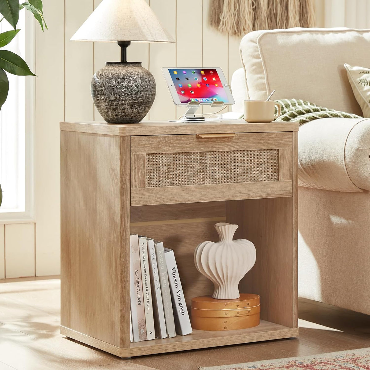 LEYAOYAO Rattan Nightstand with Charging Station, 23" Wide Boho Night Stand with Drawer, Natural