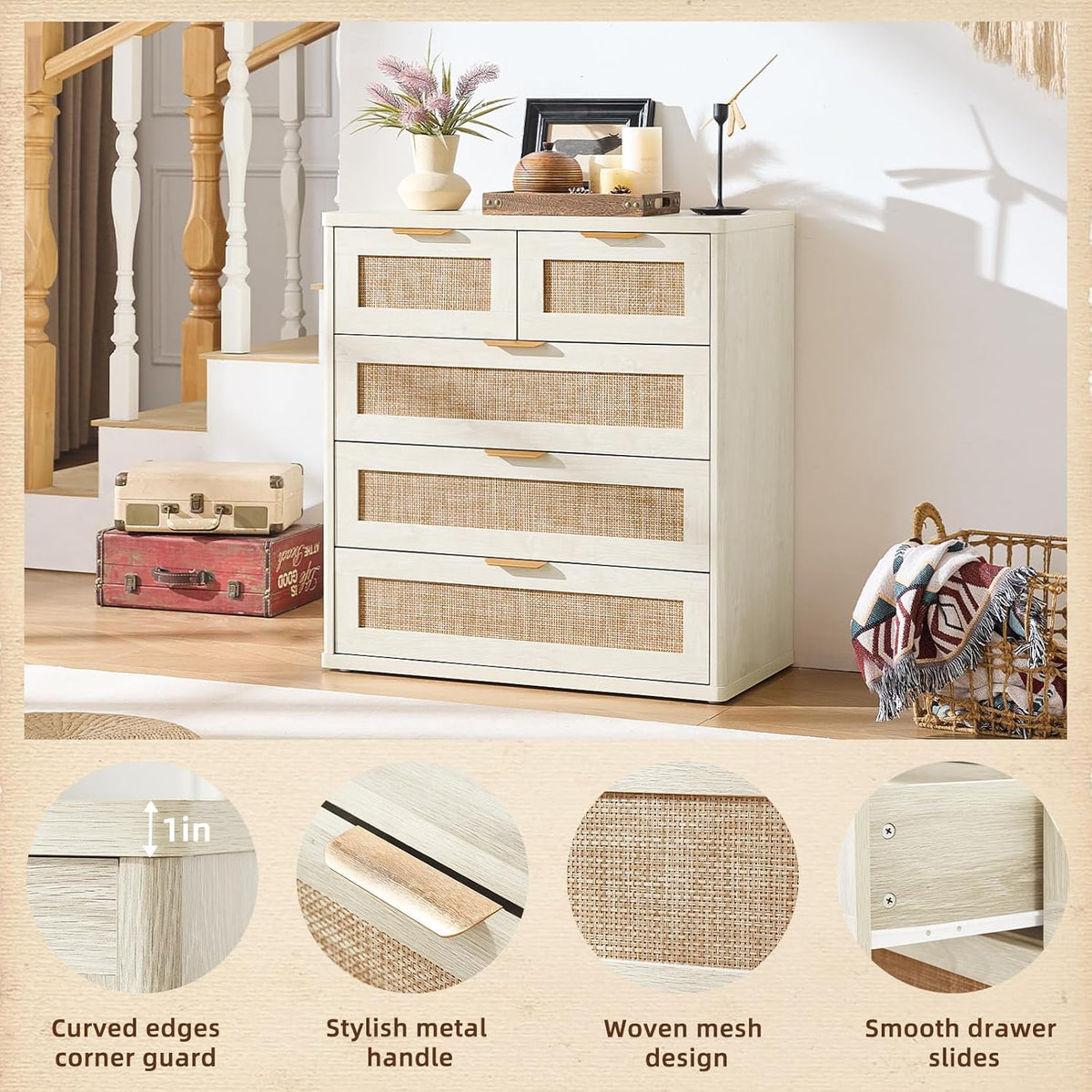 LEYAOYAO White Dresser for Bedroom, 33.5" Tall Chest of Drawers, Modern 5 Drawers Boho Rattan