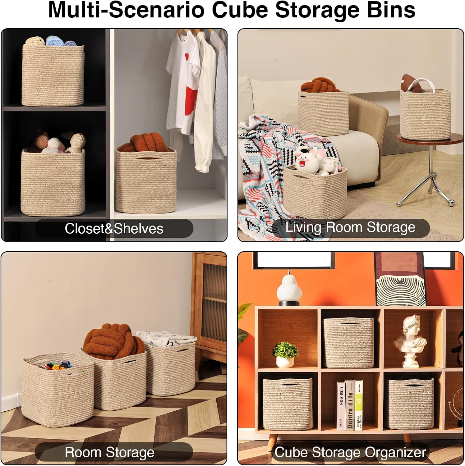 11 Inch Cube Storage Bins, Storage Cube Organizer Bins, Woven Cotton Rope Baskets for Storage