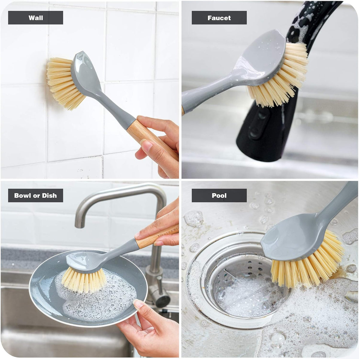 Natural Bamboo Dish Brush Bottle Scrub Brush 4-Piece Set, with Ceramic Soap Dispenser - Wooden