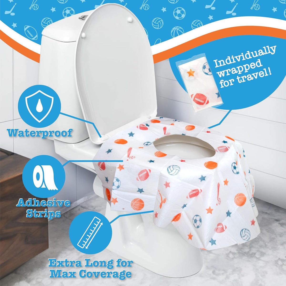 Toilet Seat Covers Disposable (6 Pack, Sports) - XL Waterproof Toilet Cover for Toddlers, Kids &