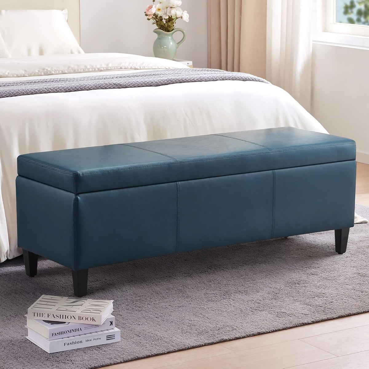 HUIMO Faux Leather Storage Ottoman Bench 50.3 Inch Extra Long PU Upholstered Bedroom Bench with