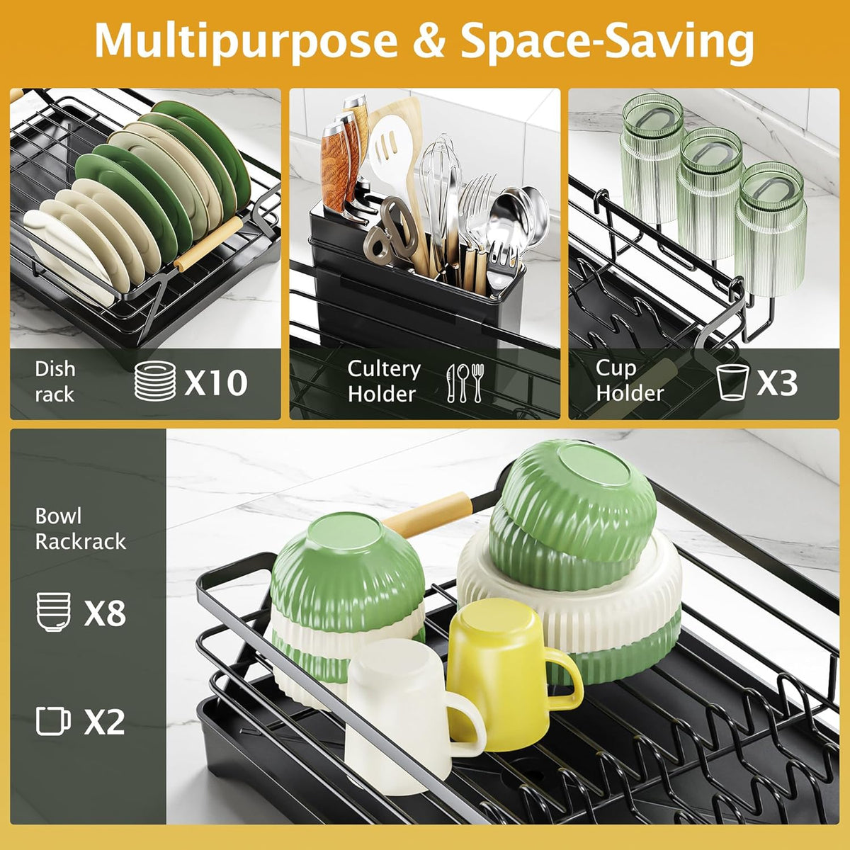 Epicano Dish Drying Rack for Kitchen Counter,Space-Saving Dish Rack,Rustproof Dish Drainer with