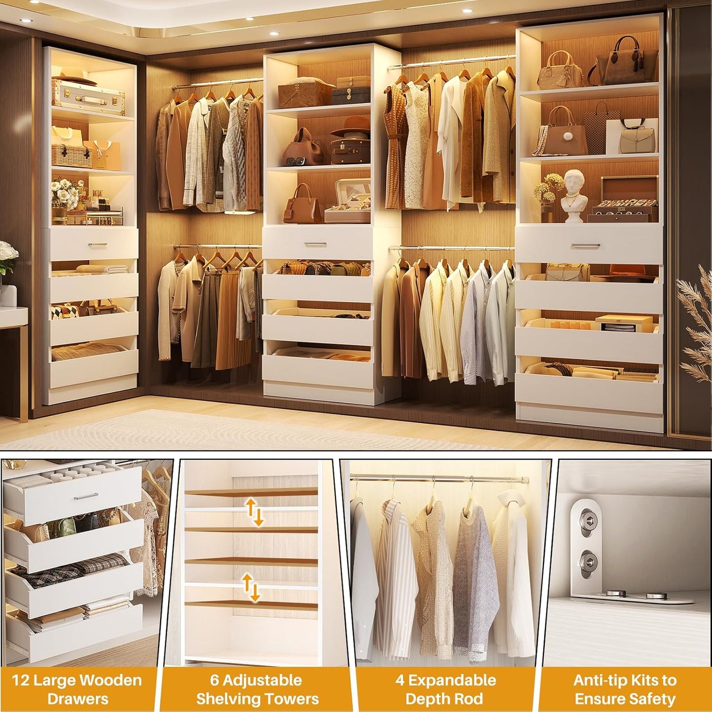Aheaplus Closet System with 12 Drawers, 8.5-11.5Ft Wood Closet Organizer System with 4 Hanging Rods