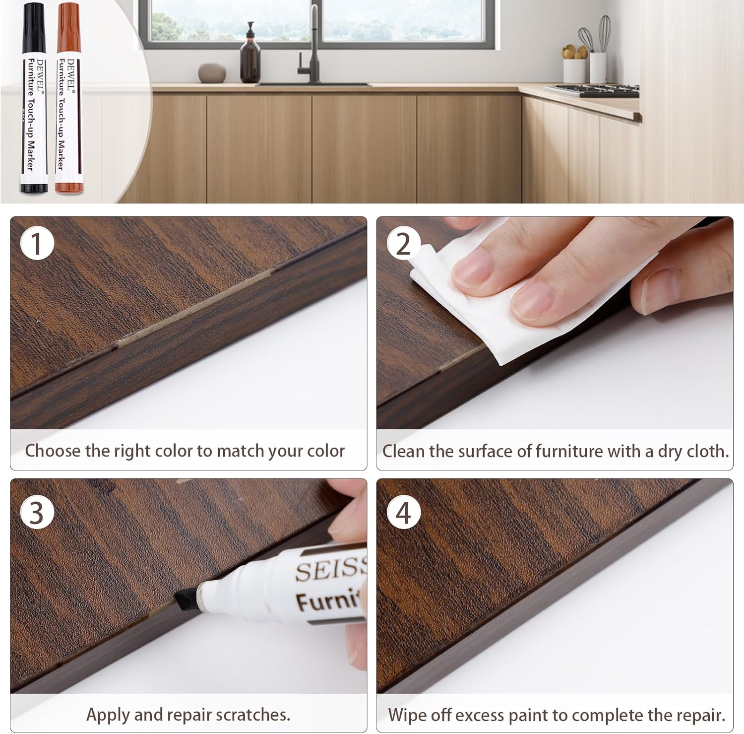 SEISSO Wood Furniture Repair Kit, Wood Filler and Touch Up Markers, Set of 28 Laminate Vinyl Floor