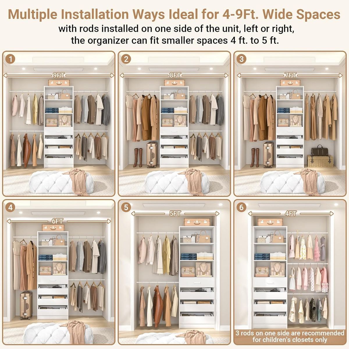 Aheaplus Closet System, 4-9Ft Closet Organizer with 4 Wooden Drawers, Wood Closet Organizer System