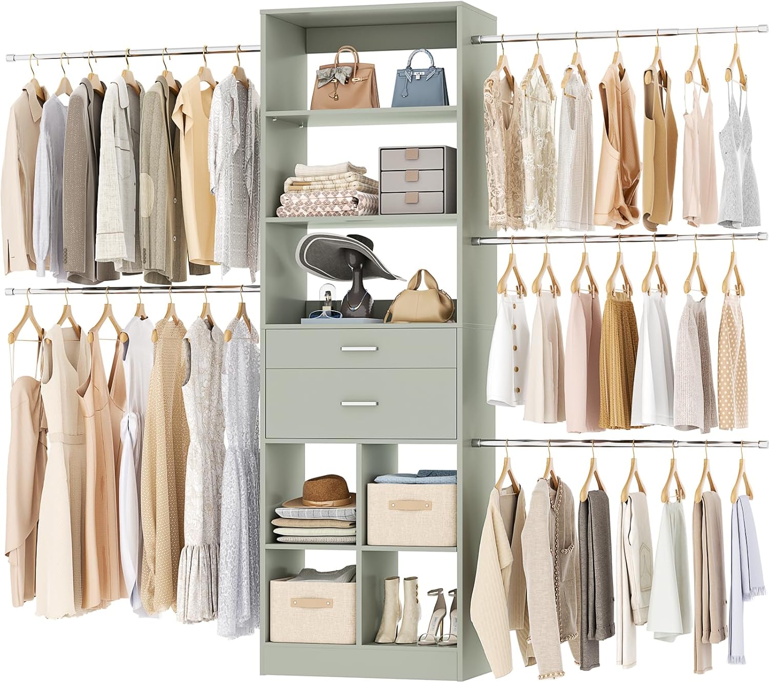 Closet System, 4-8 FT Closet Organizer Tower with 2 Wooden Drawers and Shelves, Can Fit 60 to 96