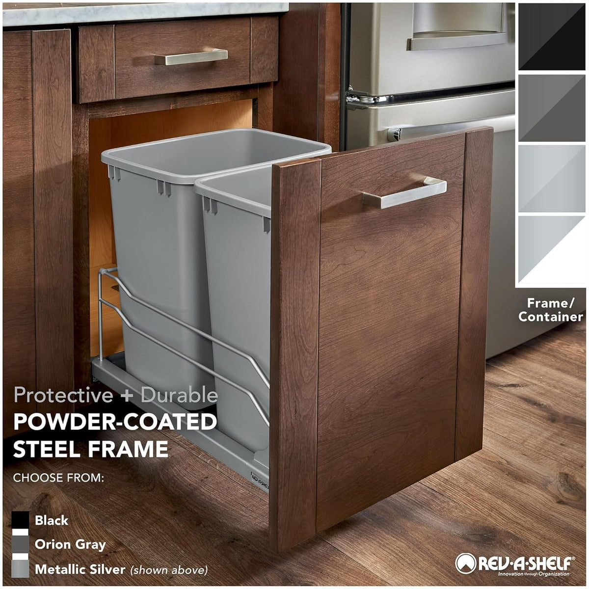 Rev-A-Shelf Double Pullout Trash Can for Base Kitchen Cabinets 27 Quart 12.5 Gallon with Soft-Close