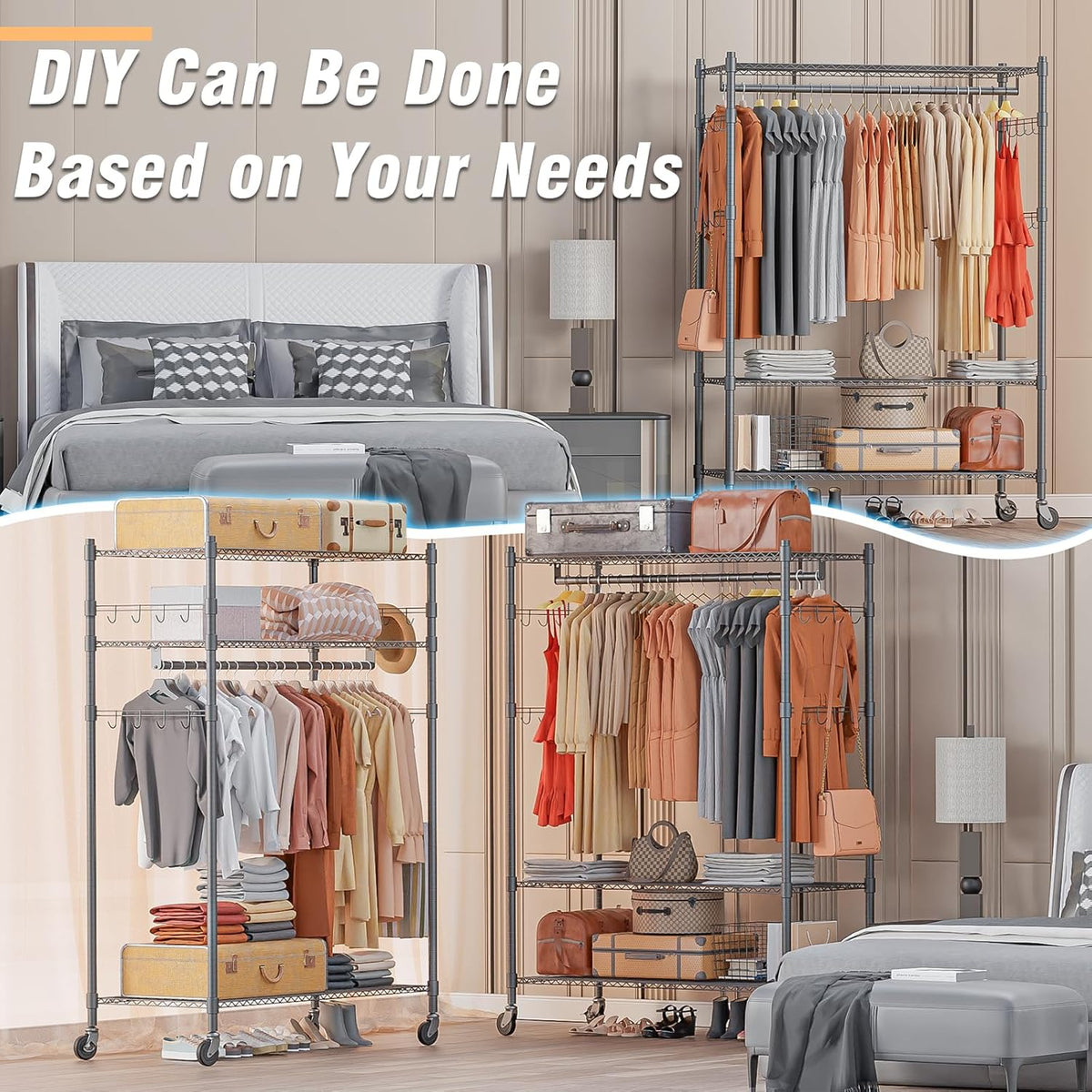 Homdox Heavy Duty Rolling Clothing Rack, Adjustable Garment Rack with 3 Tier Storage Shelves