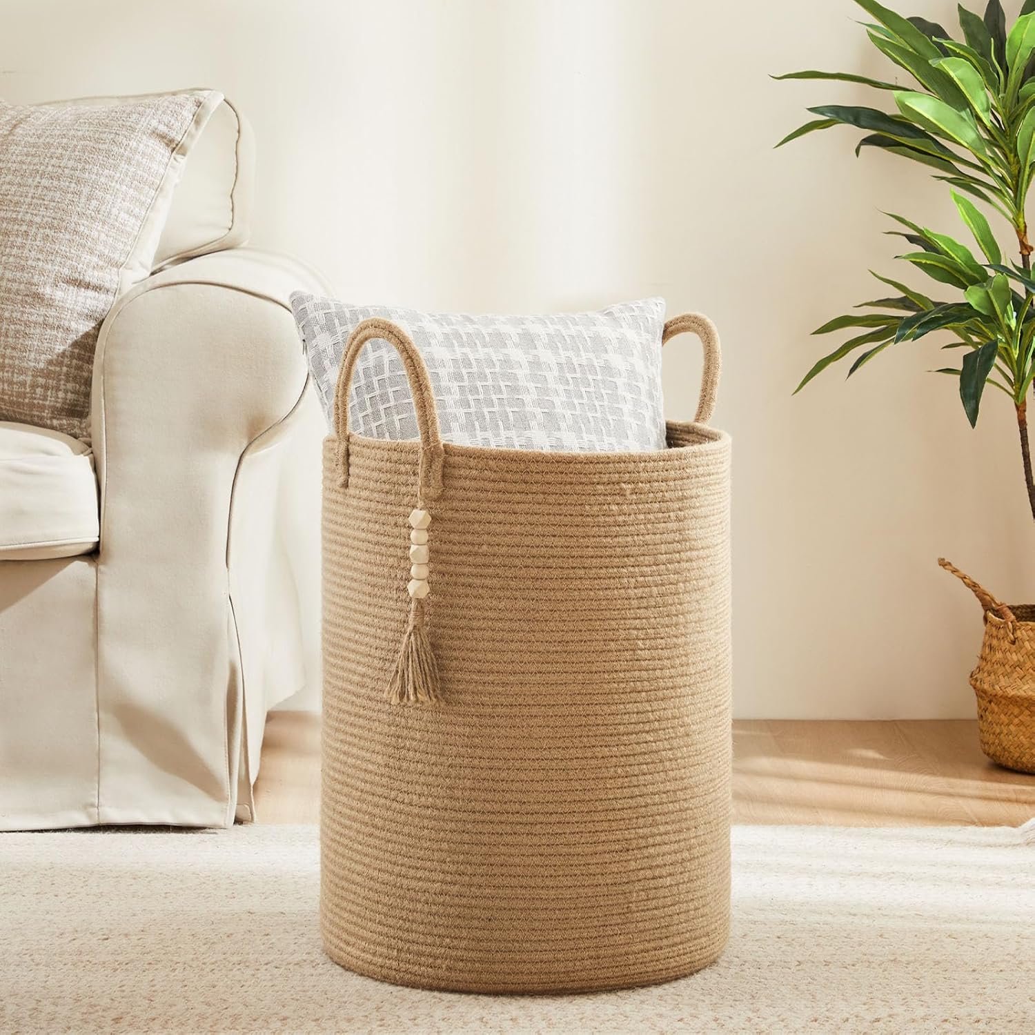 Jute Woven Rope Laundry Hamper, Tall Laundry Basket for Blanket Storage, Large Dirty Clothes Hamper
