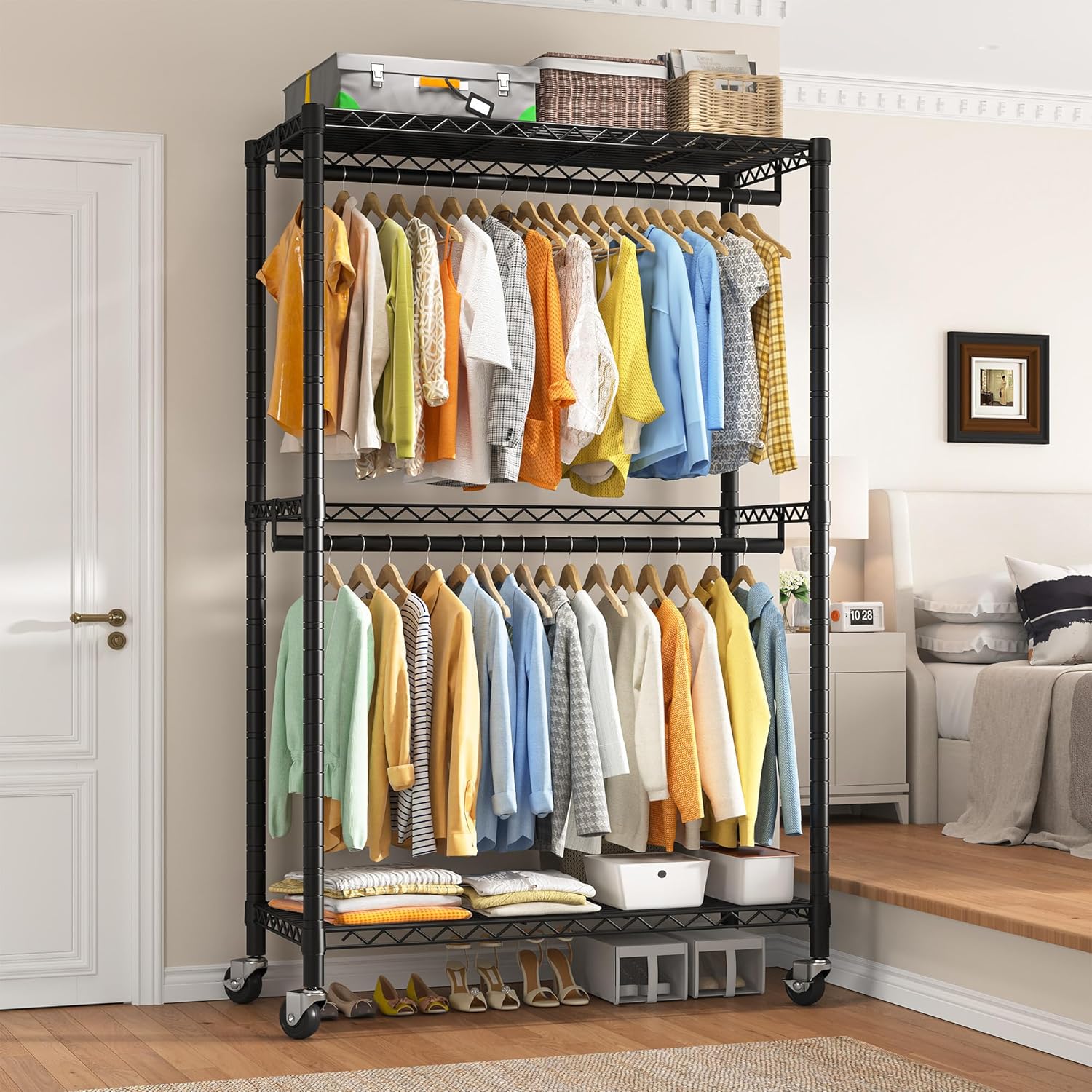 Raybee Heavy Duty Clothing Rack with Wheels,Rolling Clothes Rack for Hanging Clothes,Portable,2