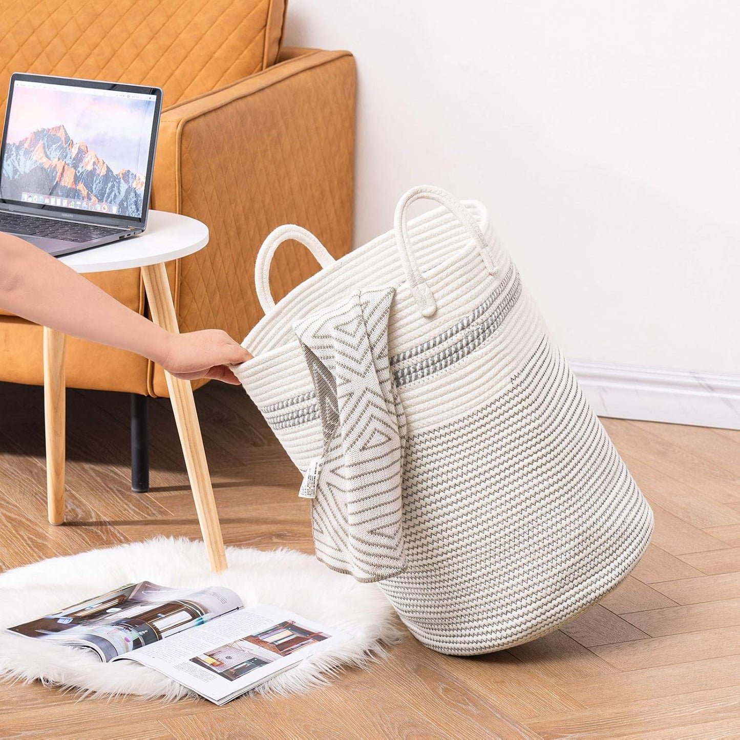 YOUDENOVA Woven Rope Laundry Hamper Basket, 58L Tall Luandry Basket, Baby Nursery Hamper for