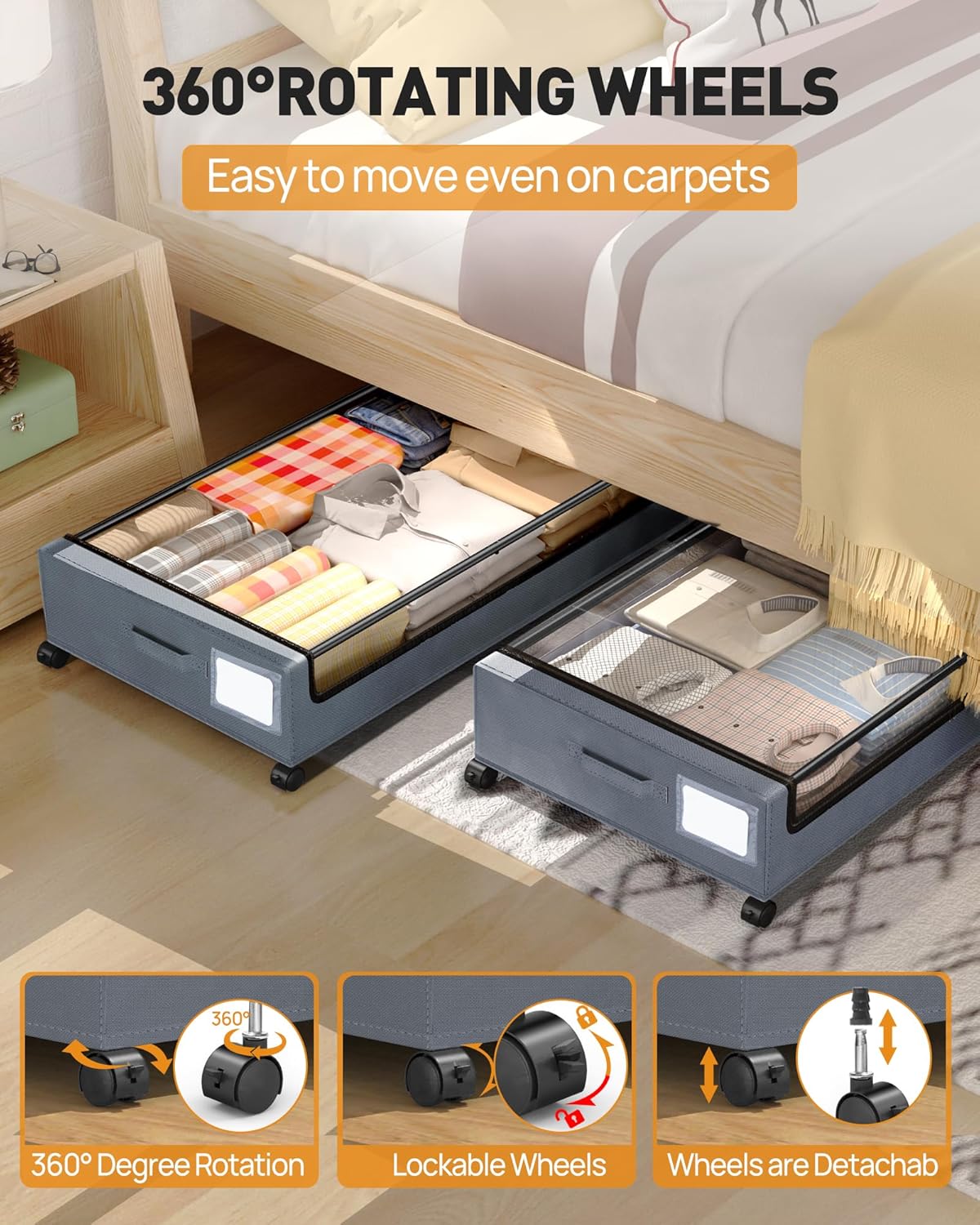 Under Bed Storage with Wheels, Square Under Bed Storage Containers, 60L Under The Bed Storage Bins
