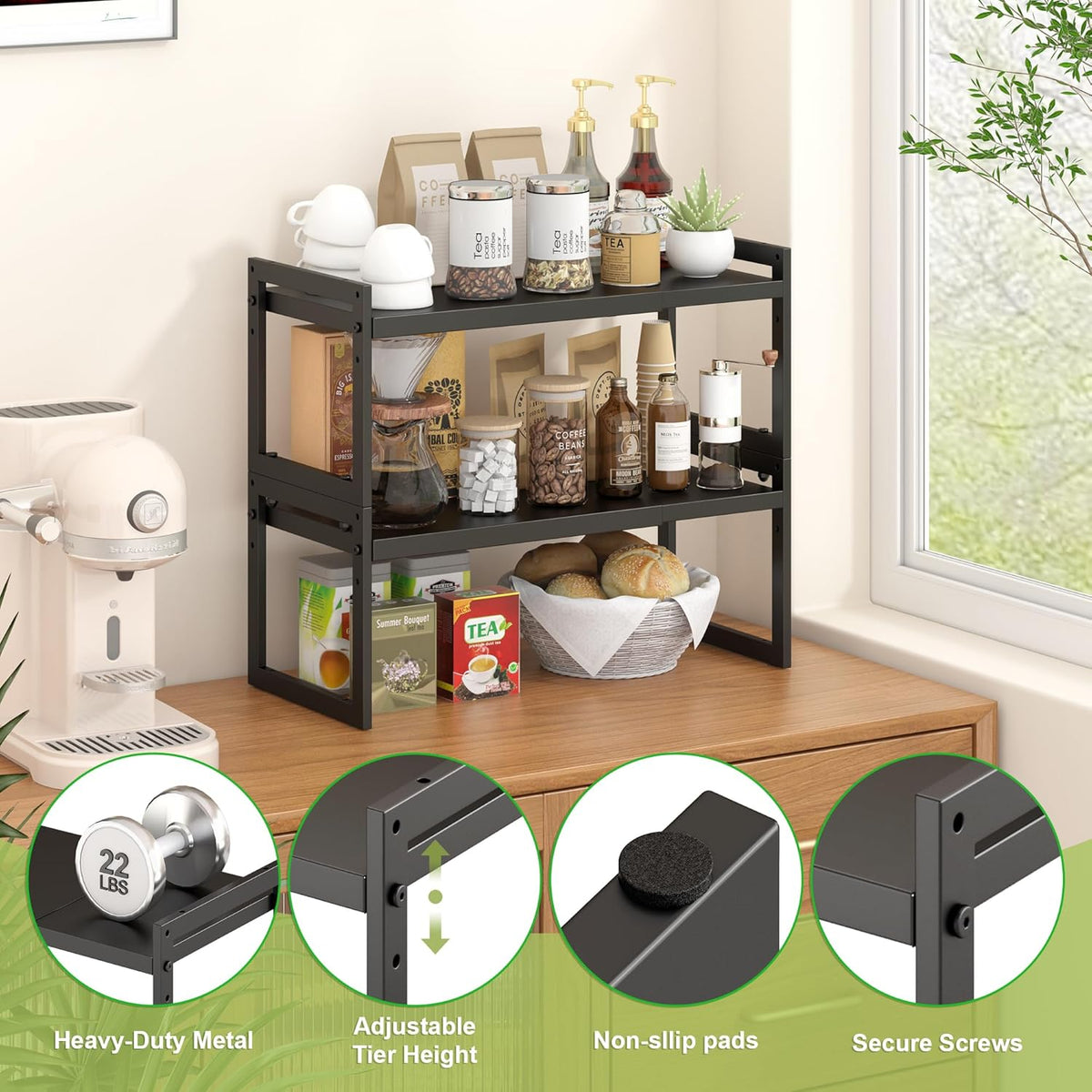 DOLALIKE Expandable kitchen Countertop Organizer, Stackable Cabinet Shelf Organizers, Space Saving