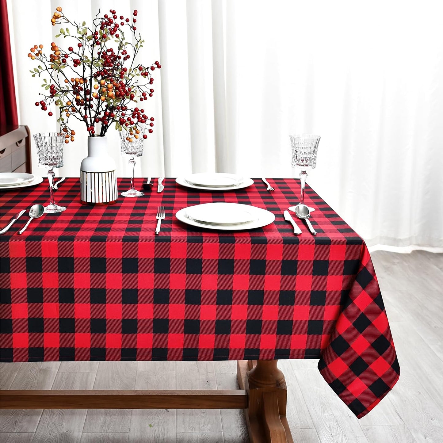 Classic Gingham Buffalo Xmas Tablecloth Fabric - Oblong 58x144 Inch Water Proof Checkered Table