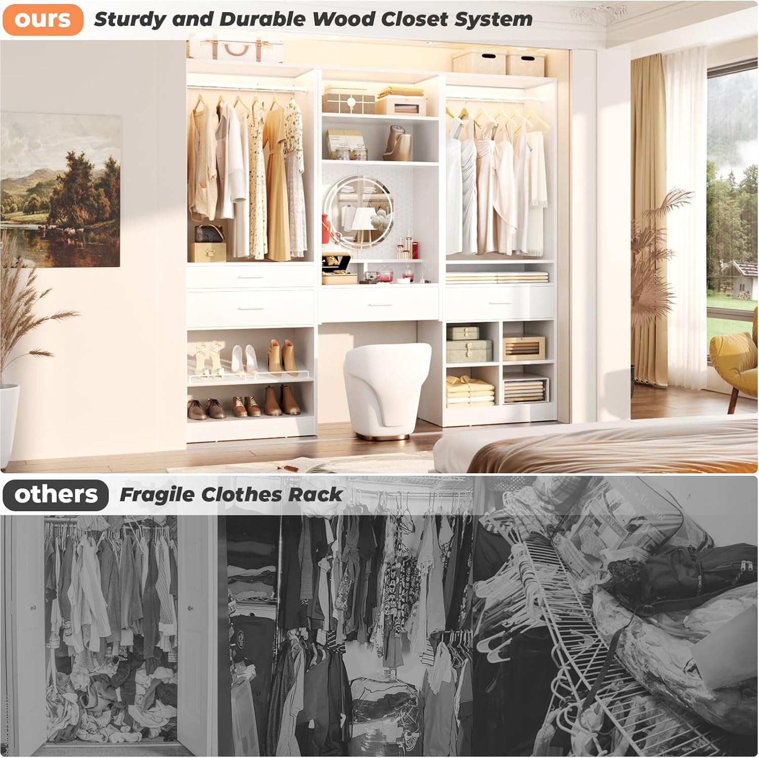 Unikito 75” Modular Closet System, Freestanding Closet Organizer with Hanging Rods and Drawers