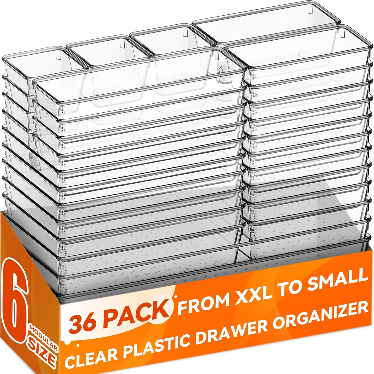 Criusia 36 Pack Large Clear Plastic Drawer Organizer Bins - 6 Size Acrylic Kitchen Drawer