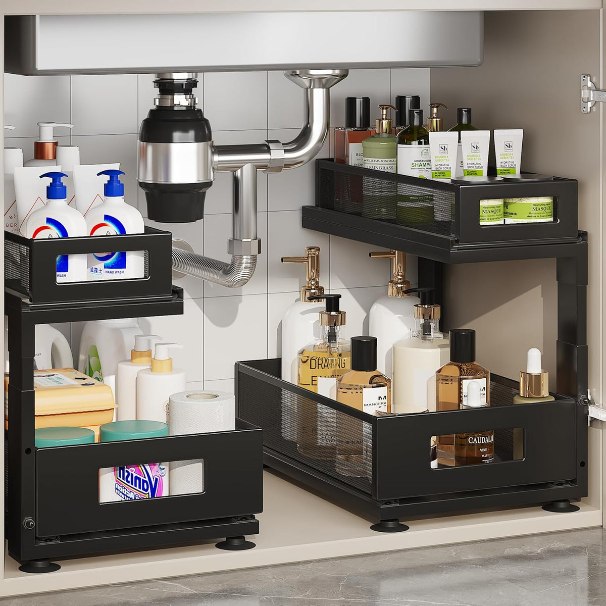 2 Pack Under Sink Organizer with Next-Gen Ball-Bearing Slides,2-Tier Pull Out Cabinet