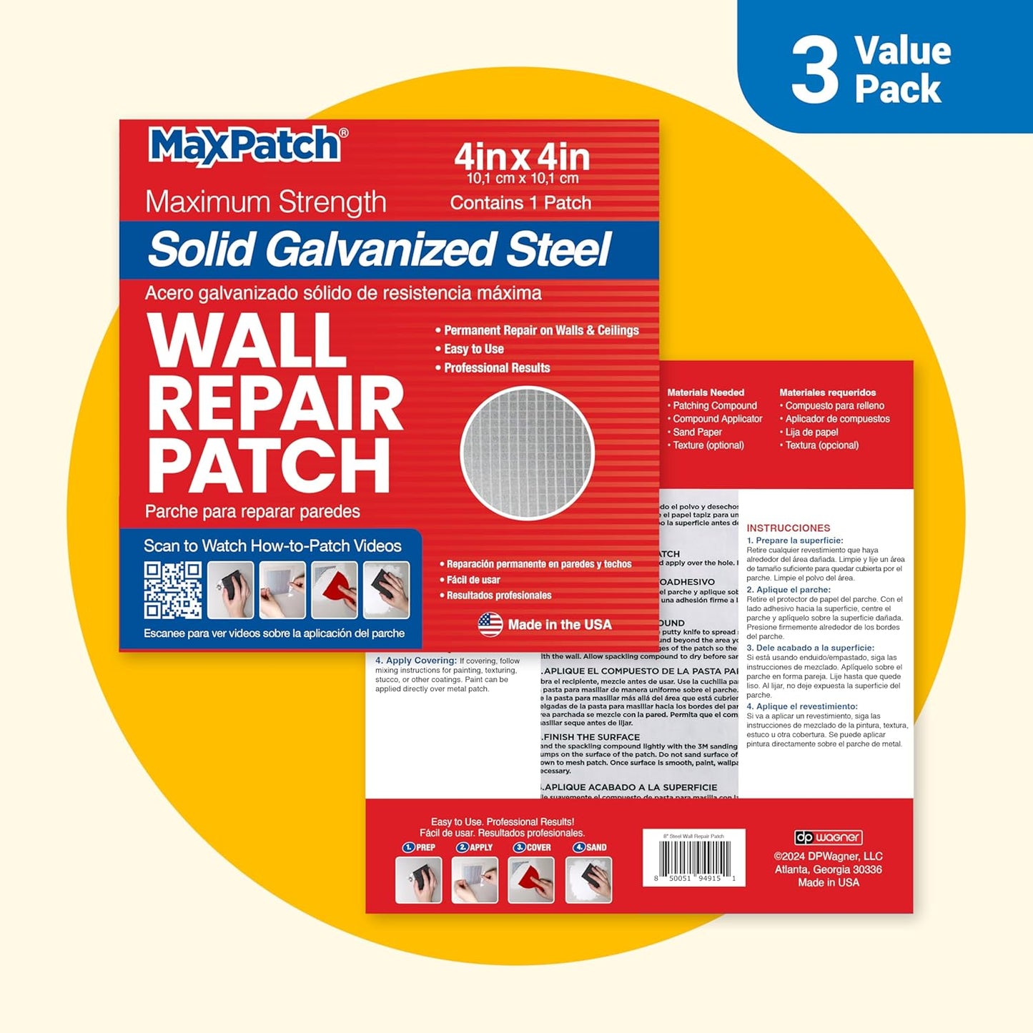 MaxPatch® 4 in. x 4 in. Solid Metal Self-Adhesive Wall Repair Patch (3-Pack) – Durable Galvanized