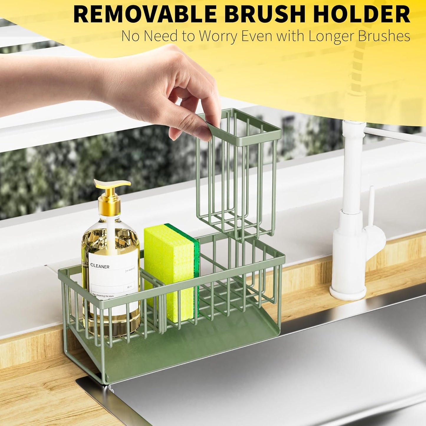 Cisily Kitchen Sink Caddy - Sponge Holder and Organizer with High Brush Holder, 304 Stainless
