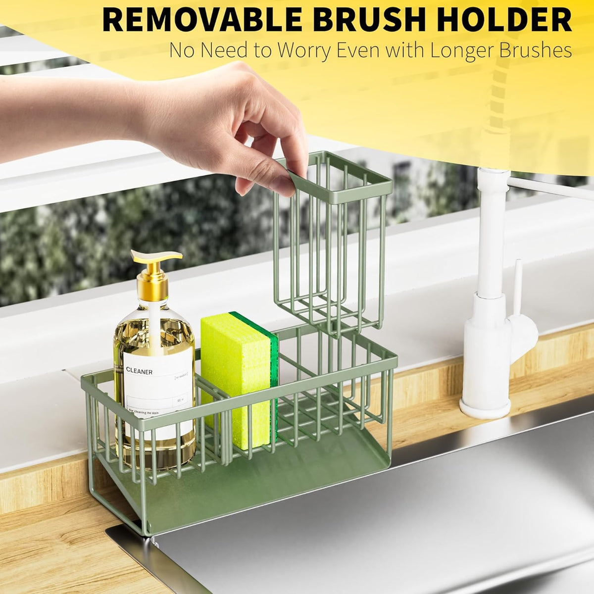 Cisily Kitchen Sink Caddy - Sponge Holder and Organizer with High Brush Holder, 304 Stainless