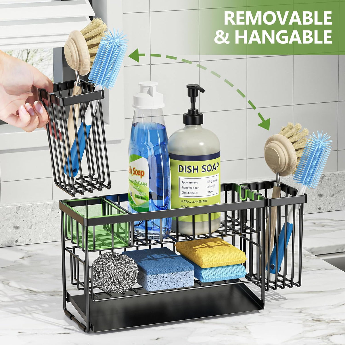 Cisily 2-Tier Kitchen Sink Caddy Organzier Rack with Flexible Dish Brush Holder, Sponge Holder for