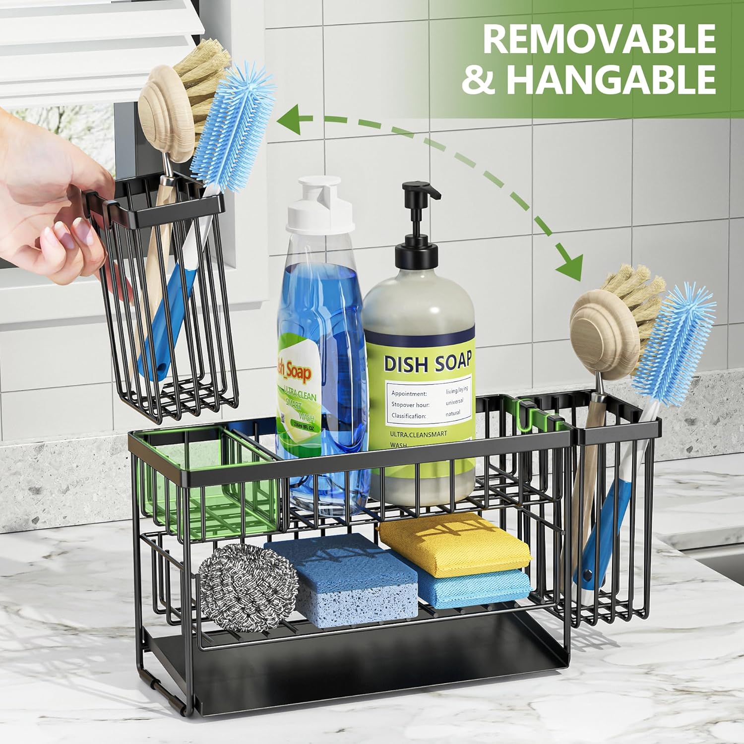 Cisily 2-Tier Kitchen Sink Caddy Organzier Rack with Flexible Dish Brush Holder, Sponge Holder for