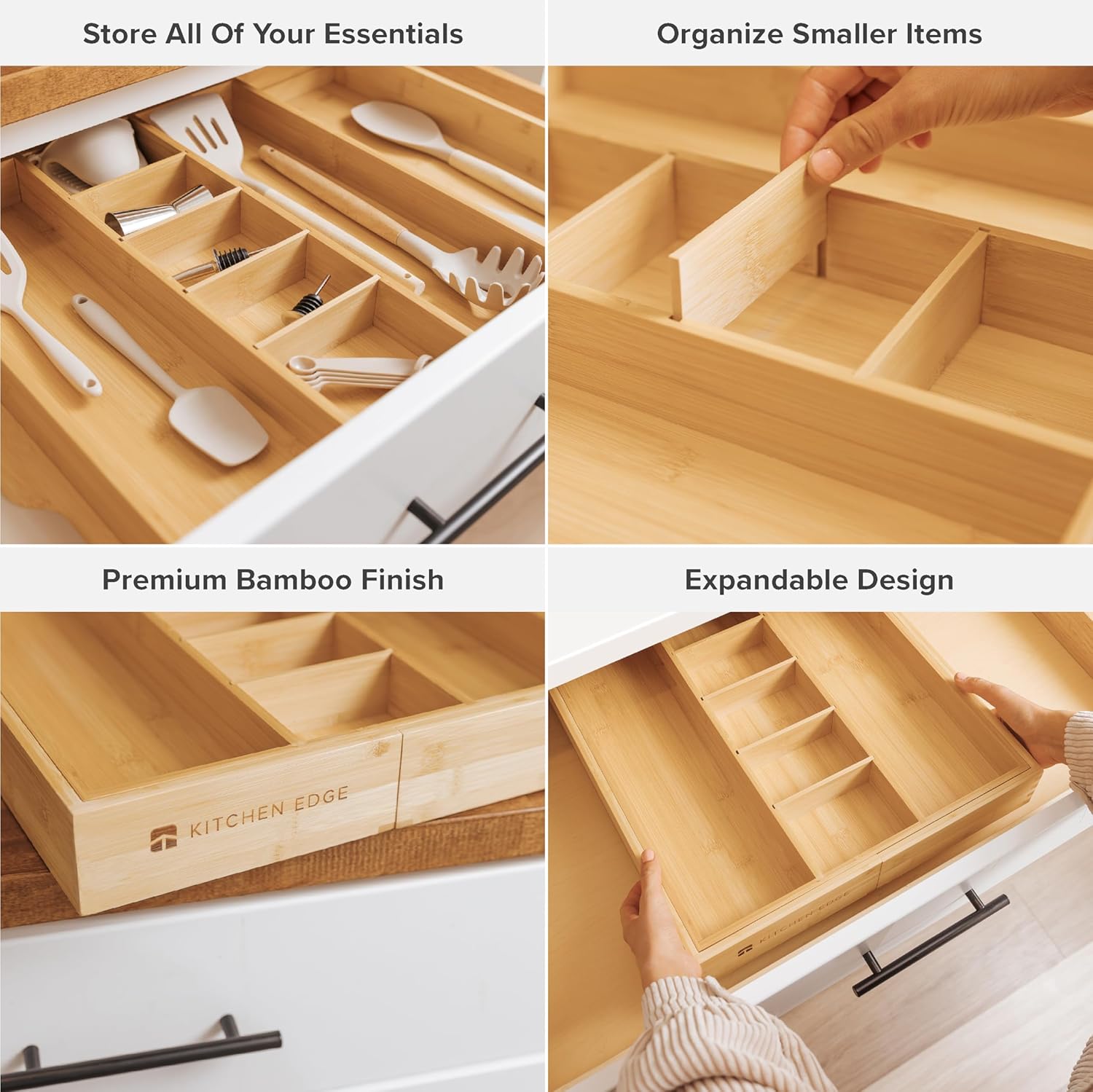KitchenEdge Adjustable Kitchen Drawer Organizer for Utensils and Junk, Food-Safe Contract Grade