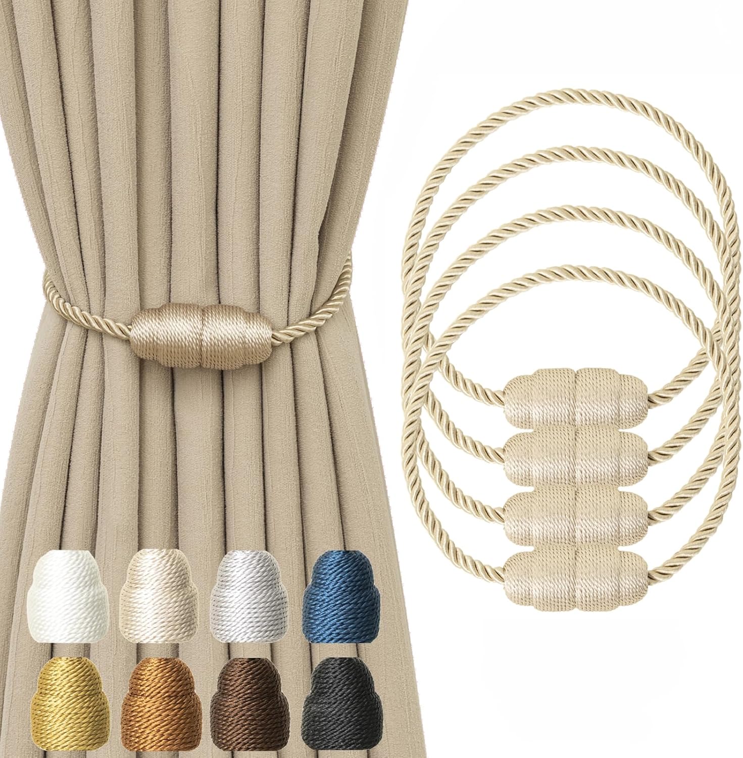 Magnetic Curtain Tiebacks Rope Curtain Tie Backs for Curtains 4 Pack Curtain Holders for Drapes