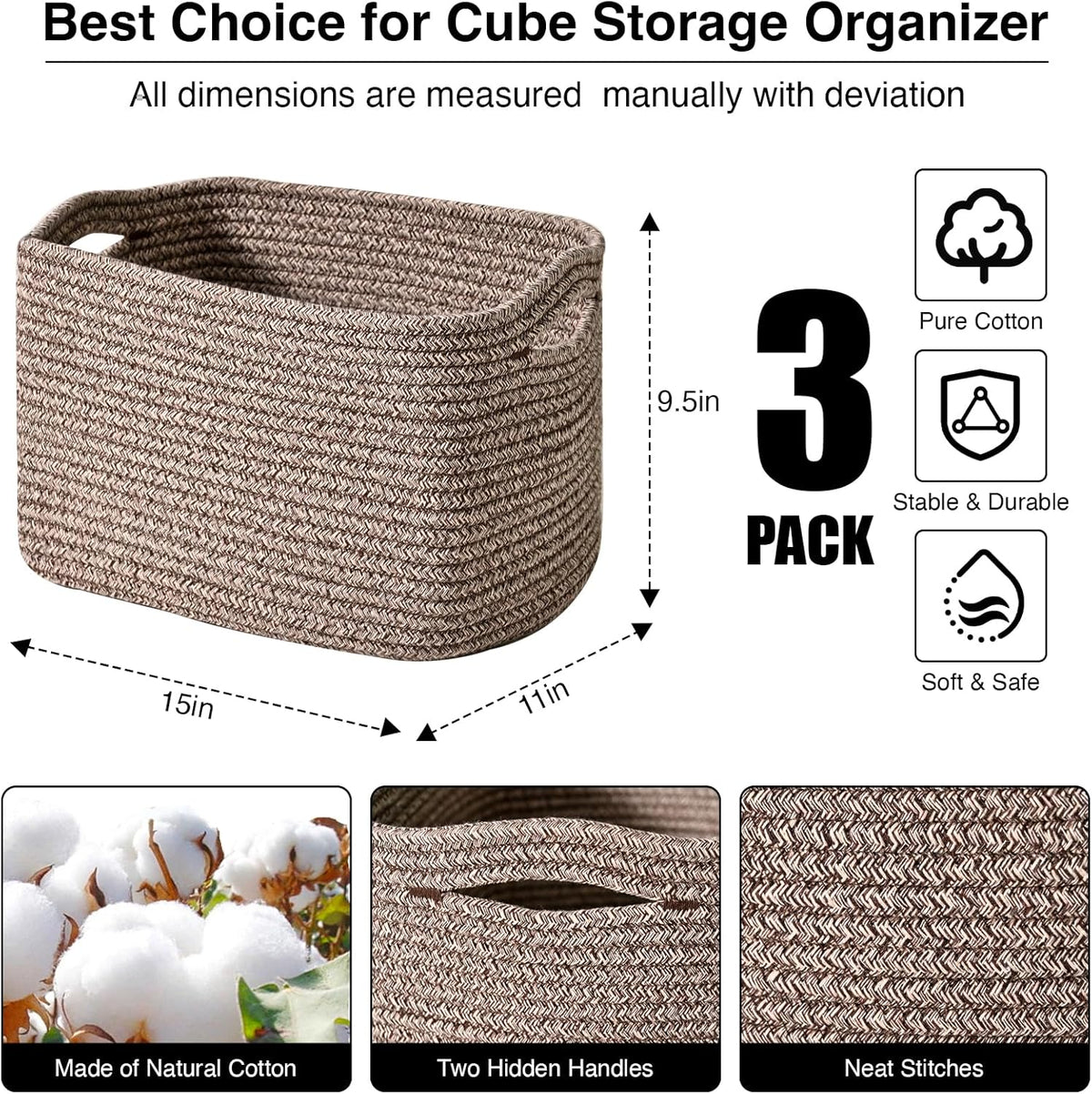 Storage Baskets for Organizing Shelves, Woven Cotton Rope Bins for Baby Nursery Organization, Book