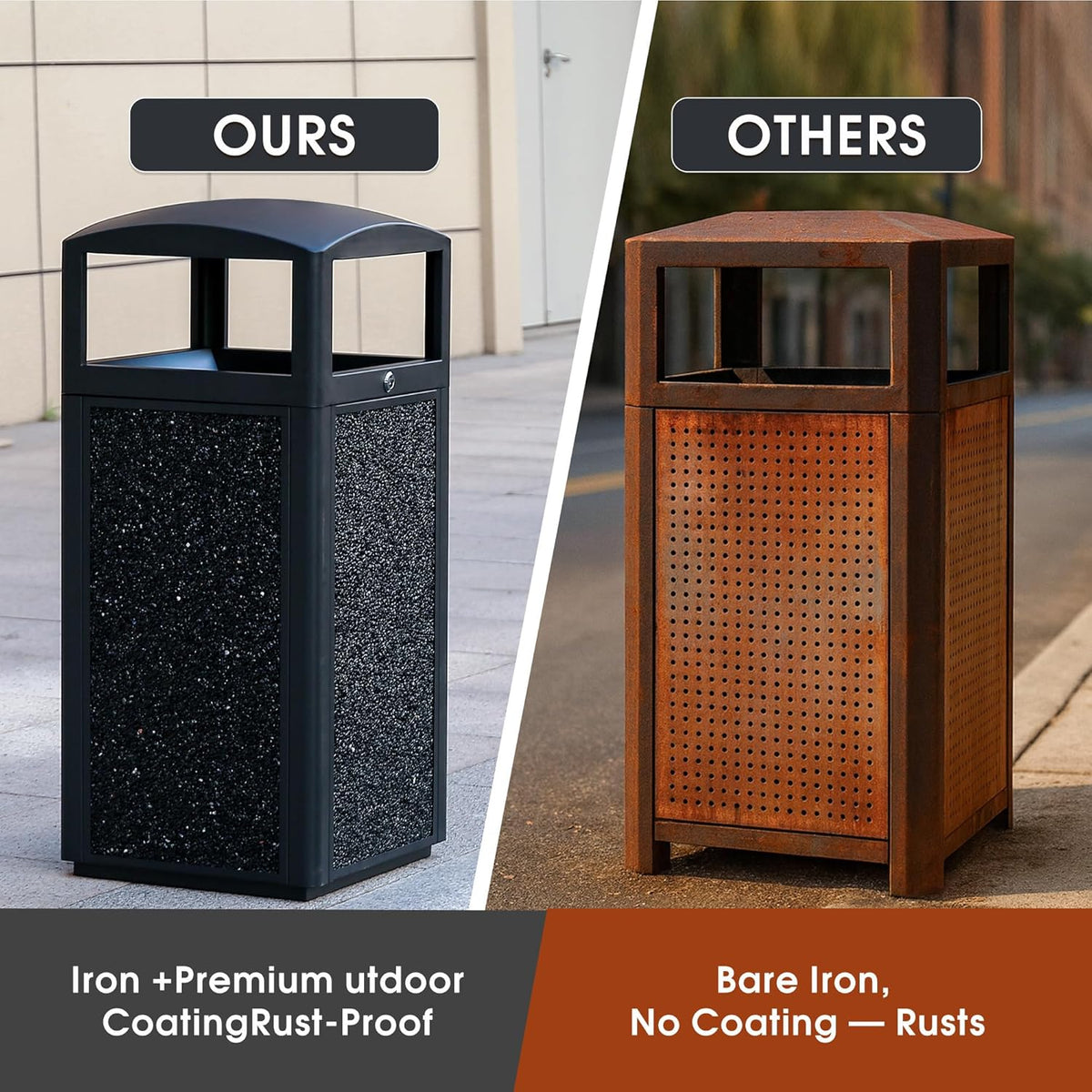 Commercial Metal Outdoor Trash Can with Lid, Lockable Outdoor Garbage Can with Nature Stone Panels