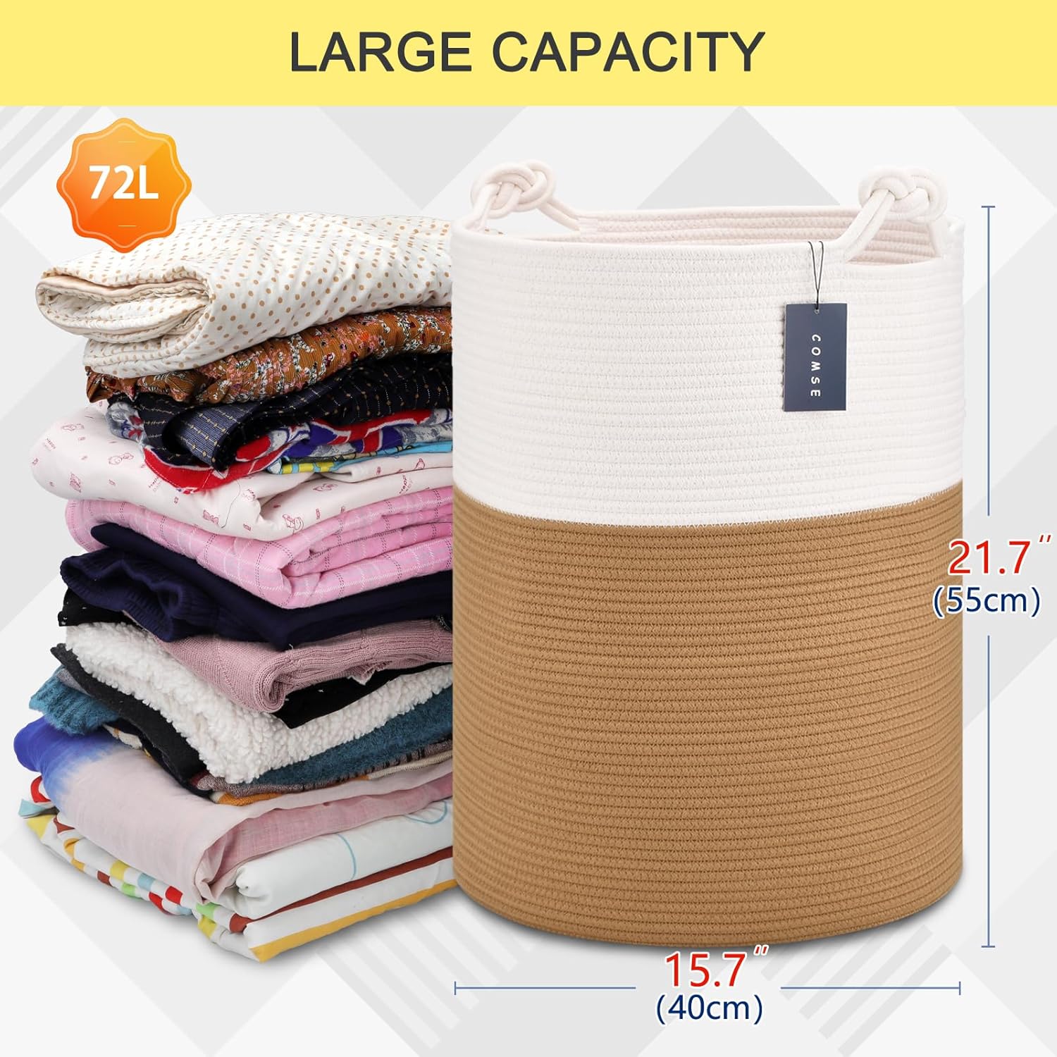 COMSE Extra Large Blanket Basket, Tall Woven Storage Basket, Nursery Hamper, 15.7”x 21.7”, Cotton