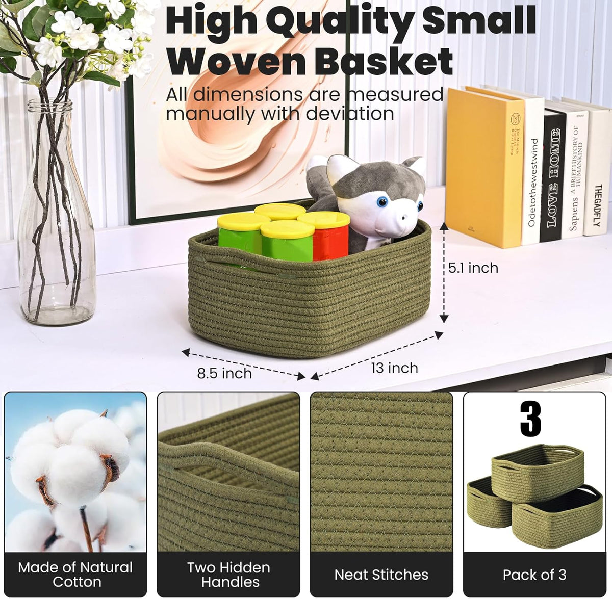 Small Green Storage Baskets for Organizing Shelves, Cute Woven Baskets for Storage, Organizer