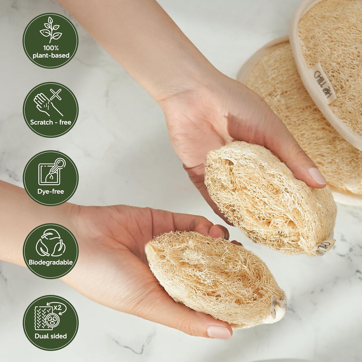Chill Ah Green Glow All Natural Exfoliator Dual Sided Loofah Bath Sponge Set – 100% Plant-Based