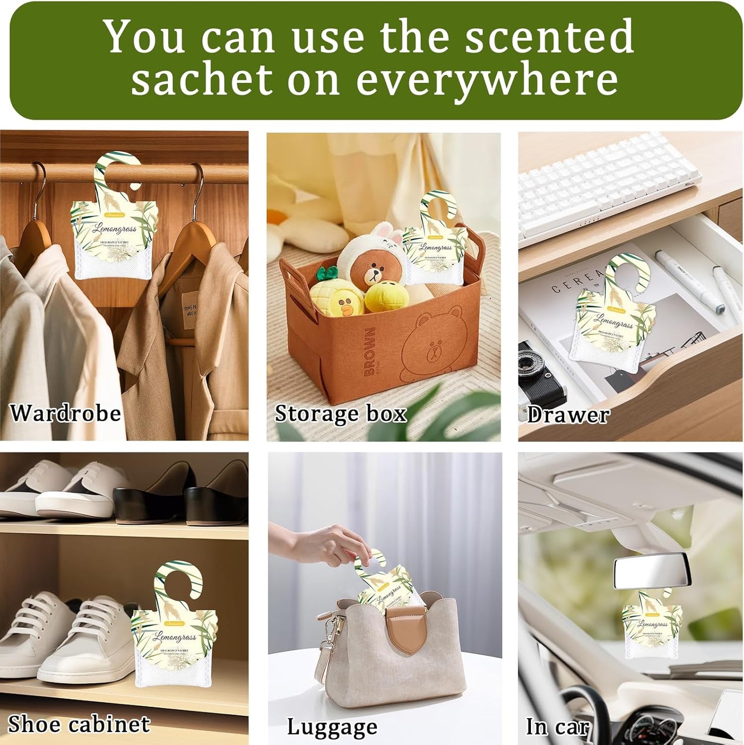 15 Packs Lemongrass Scented Sachets Bag for Drawers and Closets, Air Freshener for Home Fragrance
