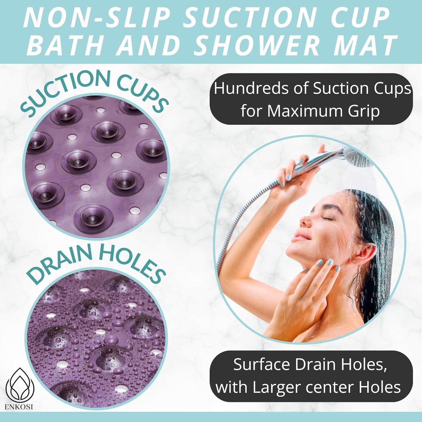 ENKOSI Bath Mat – 40 x 16 Inch Long Non-Slip Bathtub & Shower Mat with Suction Cups – Large PVC