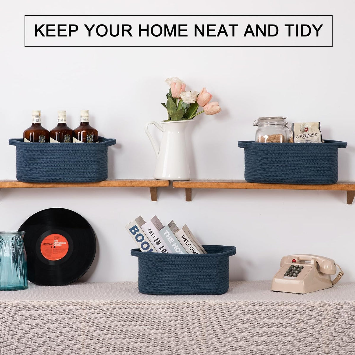 OIAHOMY Cotton Rope Woven Baskets for Storage, Nursery Rectangle Storage Basket with Handles for