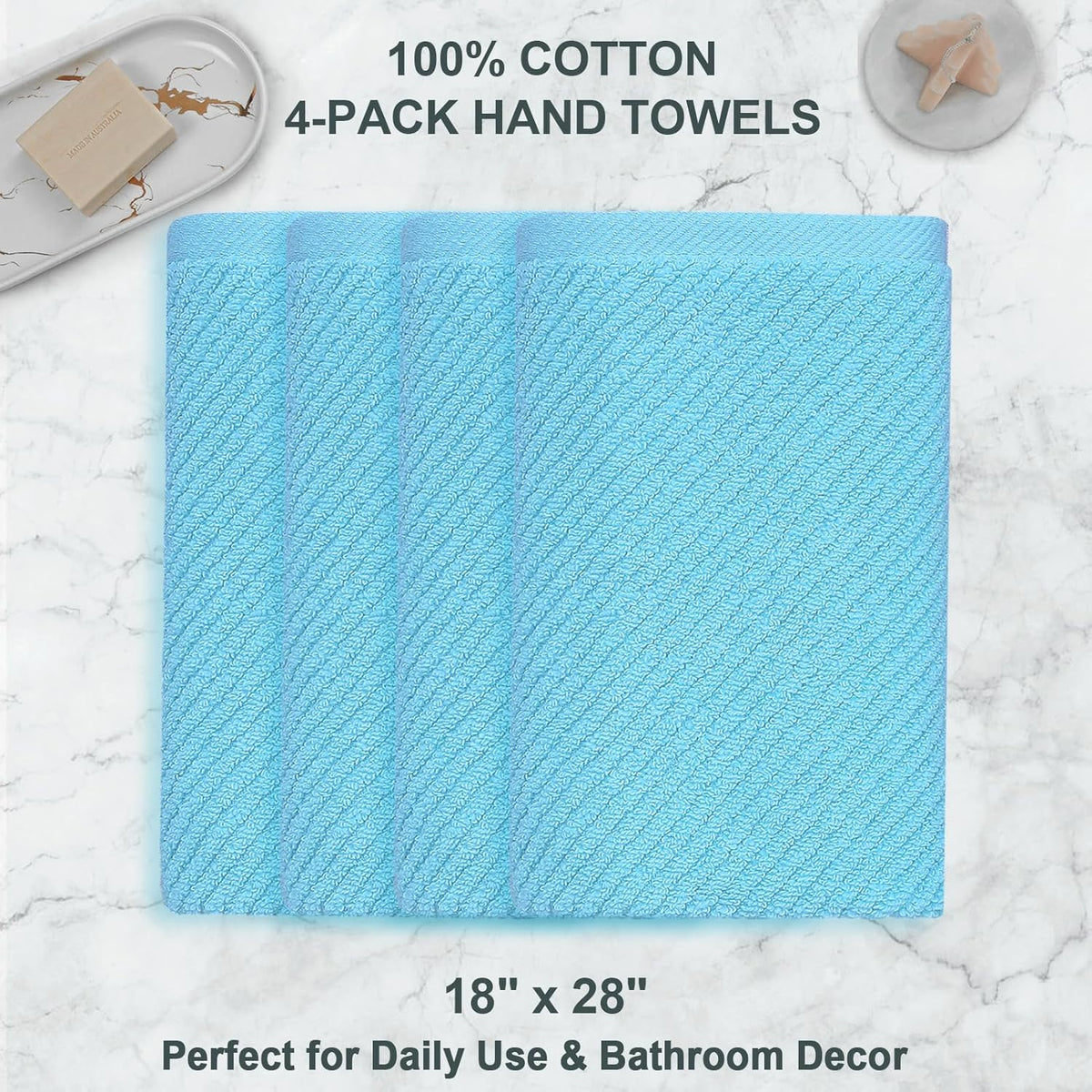 VOOVA & MOVAS Hand Towels for Bathroom Set of 4，Large 18"x 28" - 100% Cotton | Lightweight | Thick