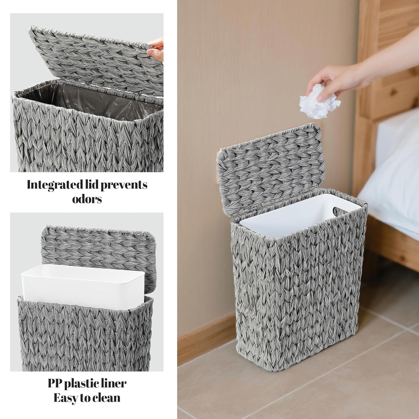 3 Gallon Wicker Trash Can,Grey Bathroom Trash Cans with Lid,Waterproof Slim Waste Basket for