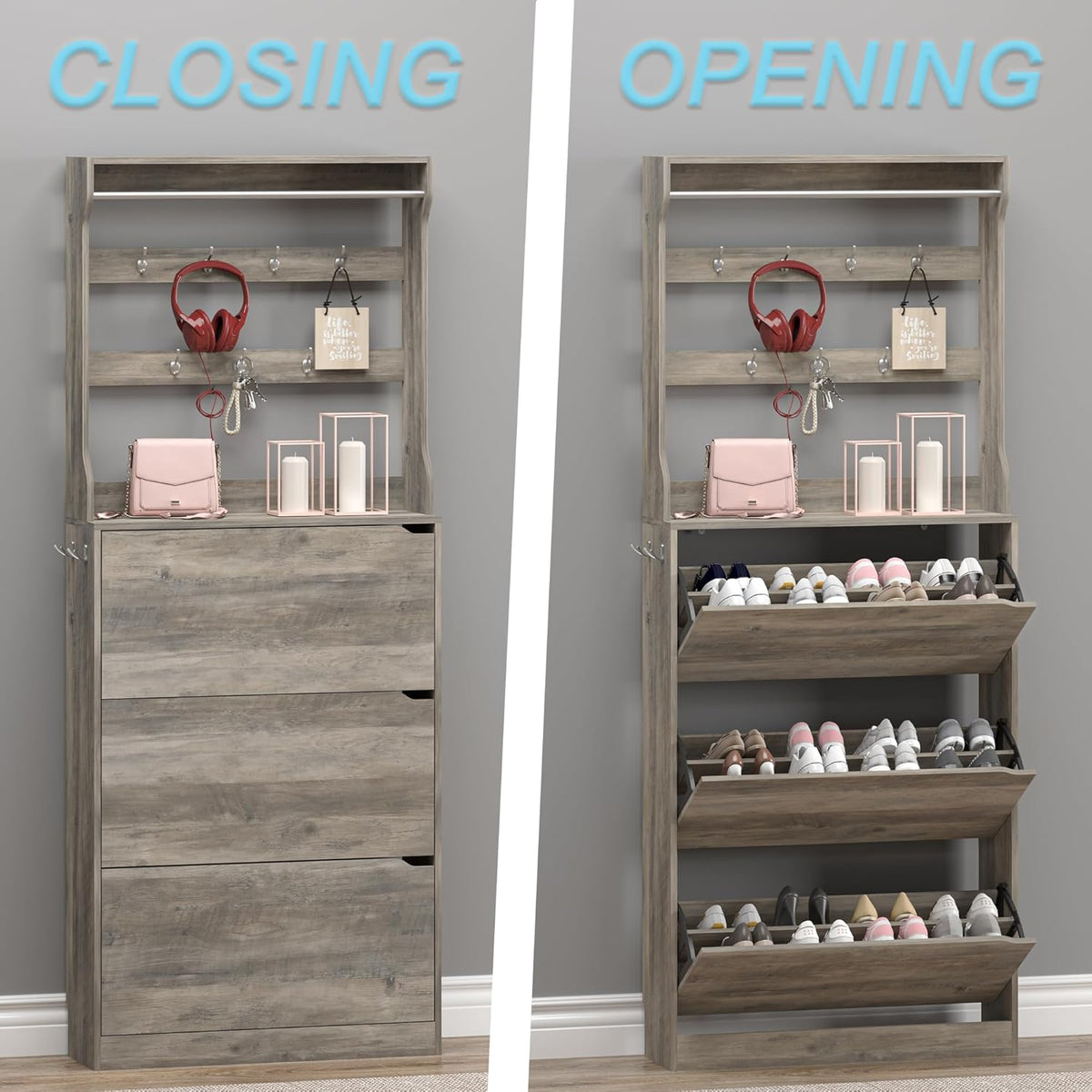 Shoe Cabinet with 3 Flip Drawers & Coat Rack, Narrow Hidden Shoe Storage Cabinet, 2-in-1 Hall Tree