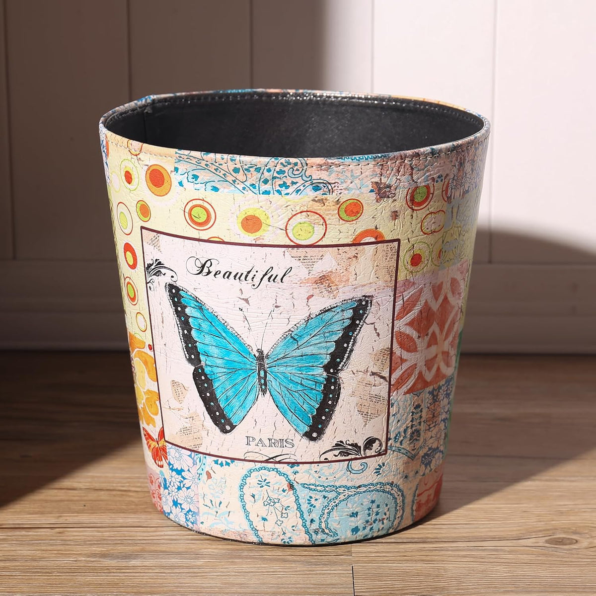 PU Leather Small Trash Can Wastebasket, Round Garbage Container Basket for Bathrooms, Laundry Room