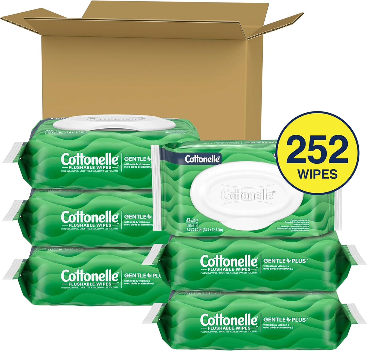 Cottonelle GentlePlus Flushable Wet Wipes with Aloe & Vitamin E, 6 Flip-Top Packs, 42 Wipes Per