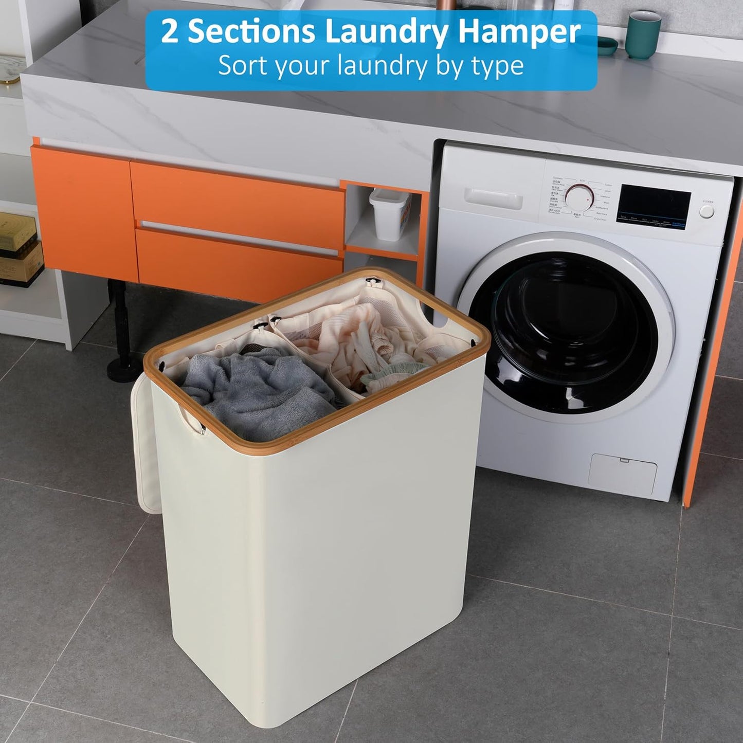 efluky Laundry Hamper with Lid, 160L Tall Laundry Basket with Bamboo Handles for Clothes and Toys