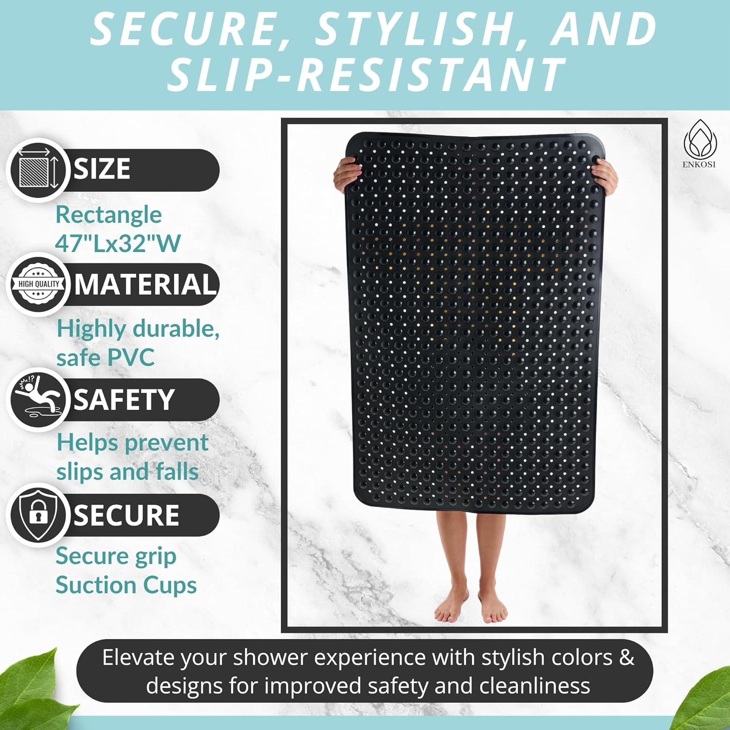 ENKOSI Extra Large Shower Mat Non Slip - 47 x 32 inch - XL Bathroom Shower Mat - Large Shower Matts