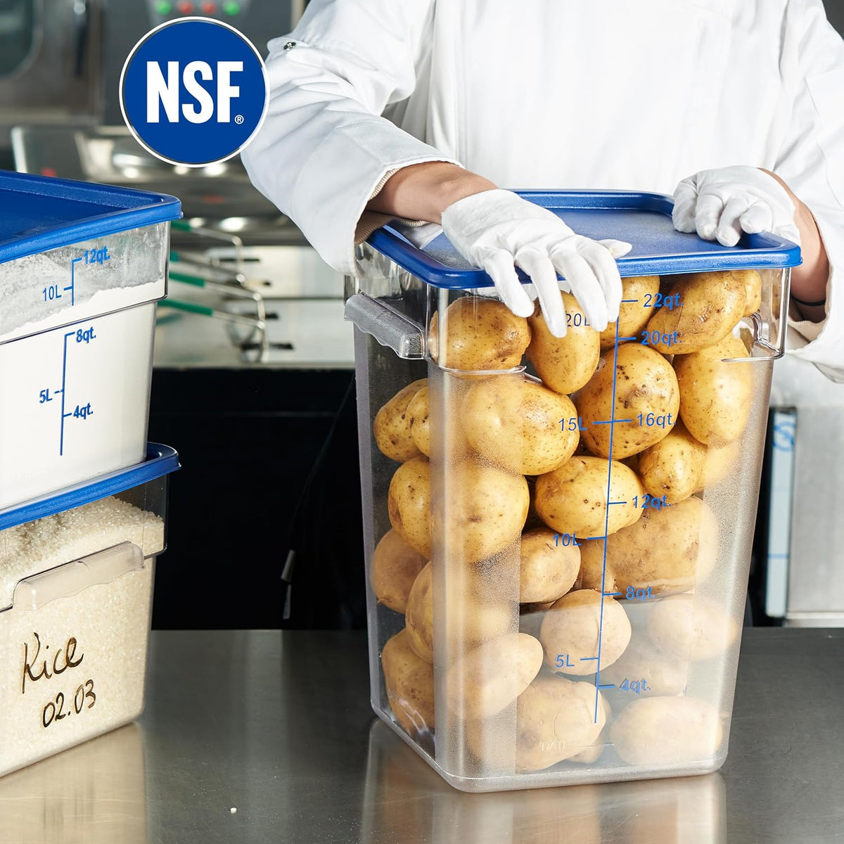 CURTA 4 Pack Food Storage Containers with Blue Lids - NSF Listed Commercial Grade in 22.0 Qt