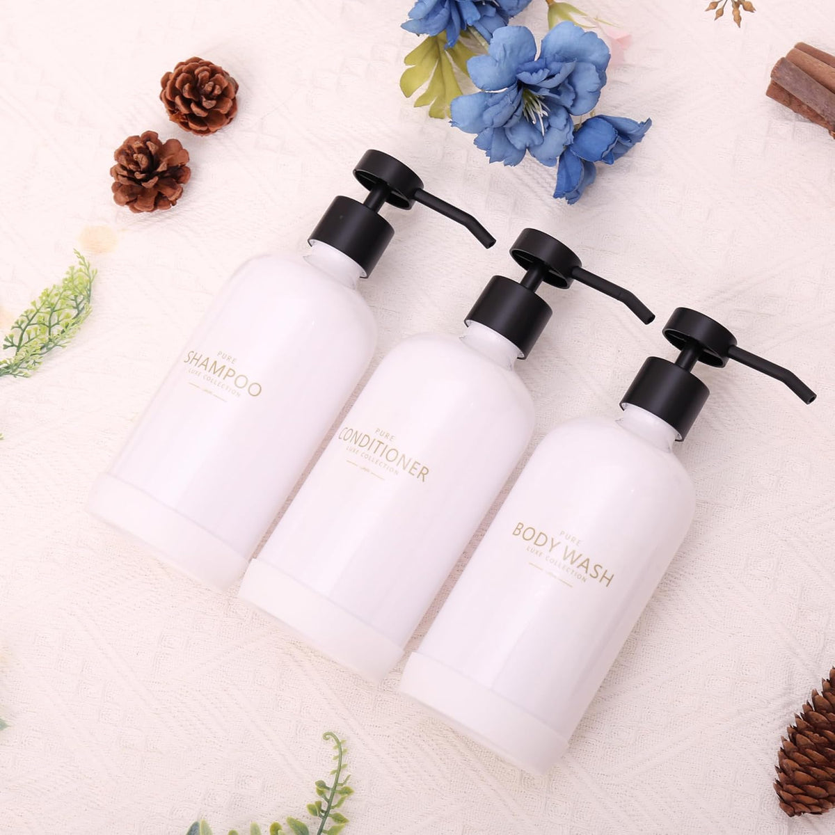 Shampoo and Conditioner Dispenser Set of 3,Refillable 21oz Shampoo Bottles with Non-Slip Protective