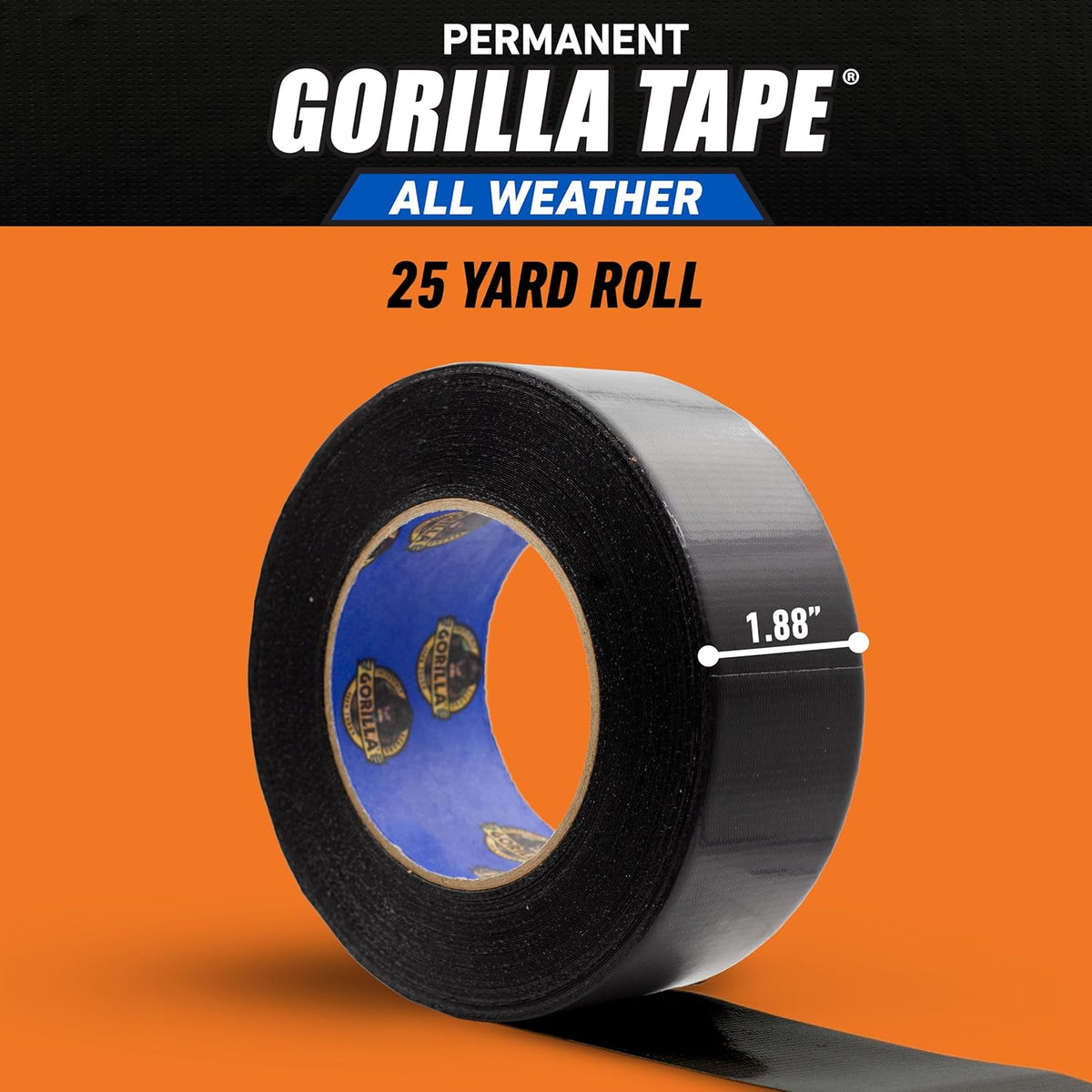 Gorilla All Weather Duct Tape, Black, 1.88" x 25 yd | UV Resistant | Waterproof | For Outdoor