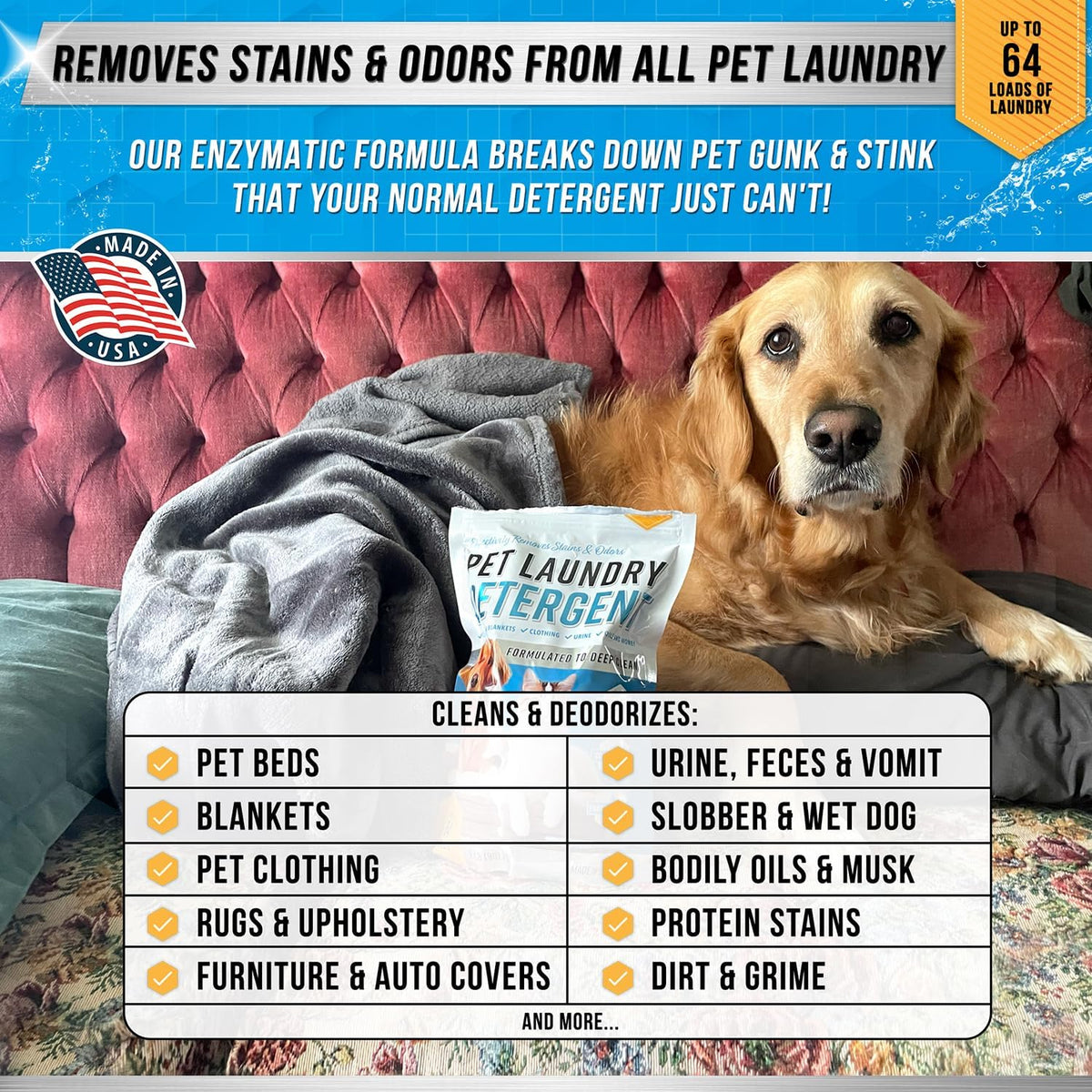 Pet Laundry Detergent Odor Remover - ACTIVE Enzyme Based Powder Detergent for Dogs Beds, Cat Pee