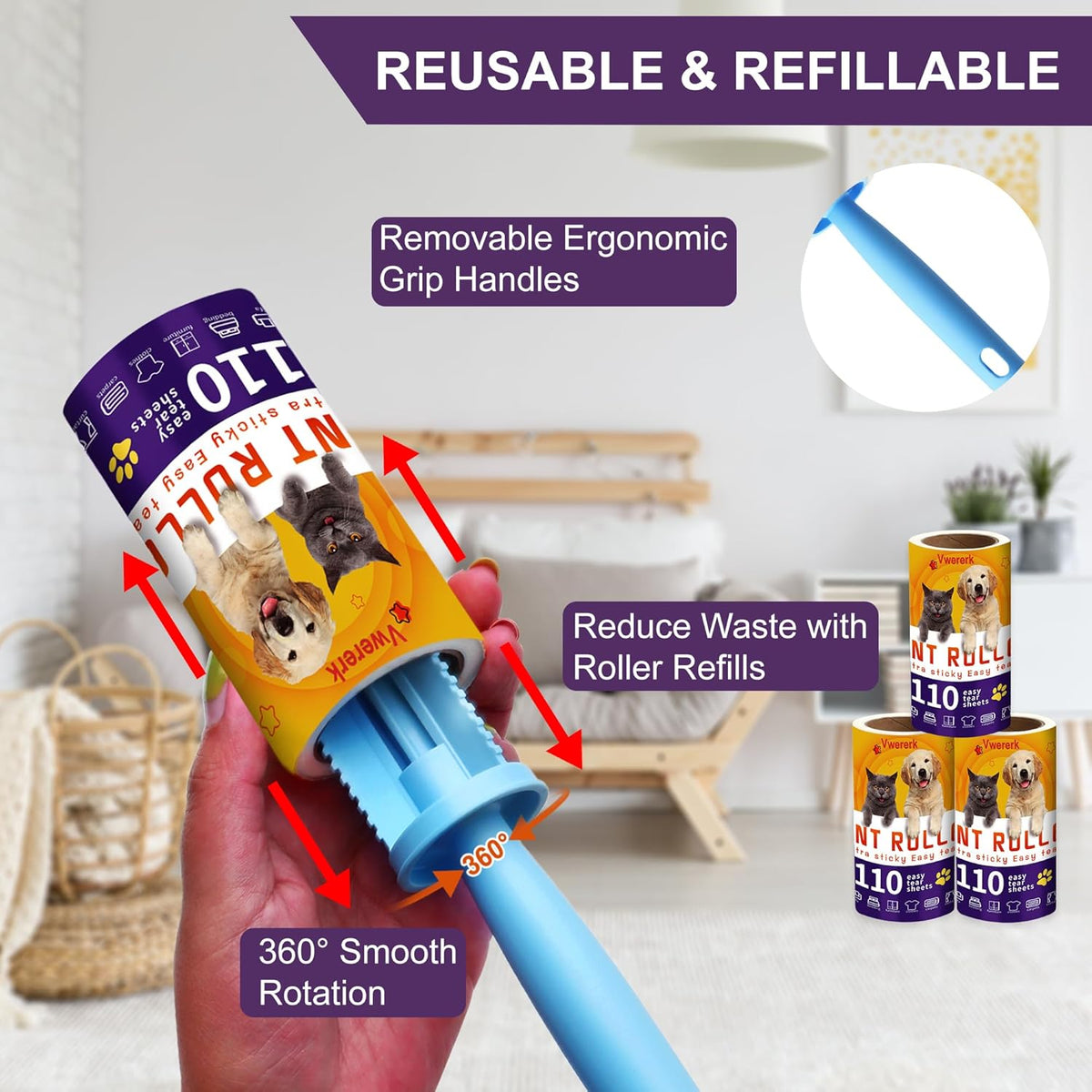 Lint Rollers for Pet Hair Extra Sticky, 440 Sheets/4 Lint Roller Refills with 2 Durable Handles